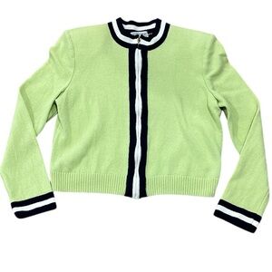 St. John Sport Knit Sweater Wool Rayon Navy Green Cardigan Shoulder Pads Women M